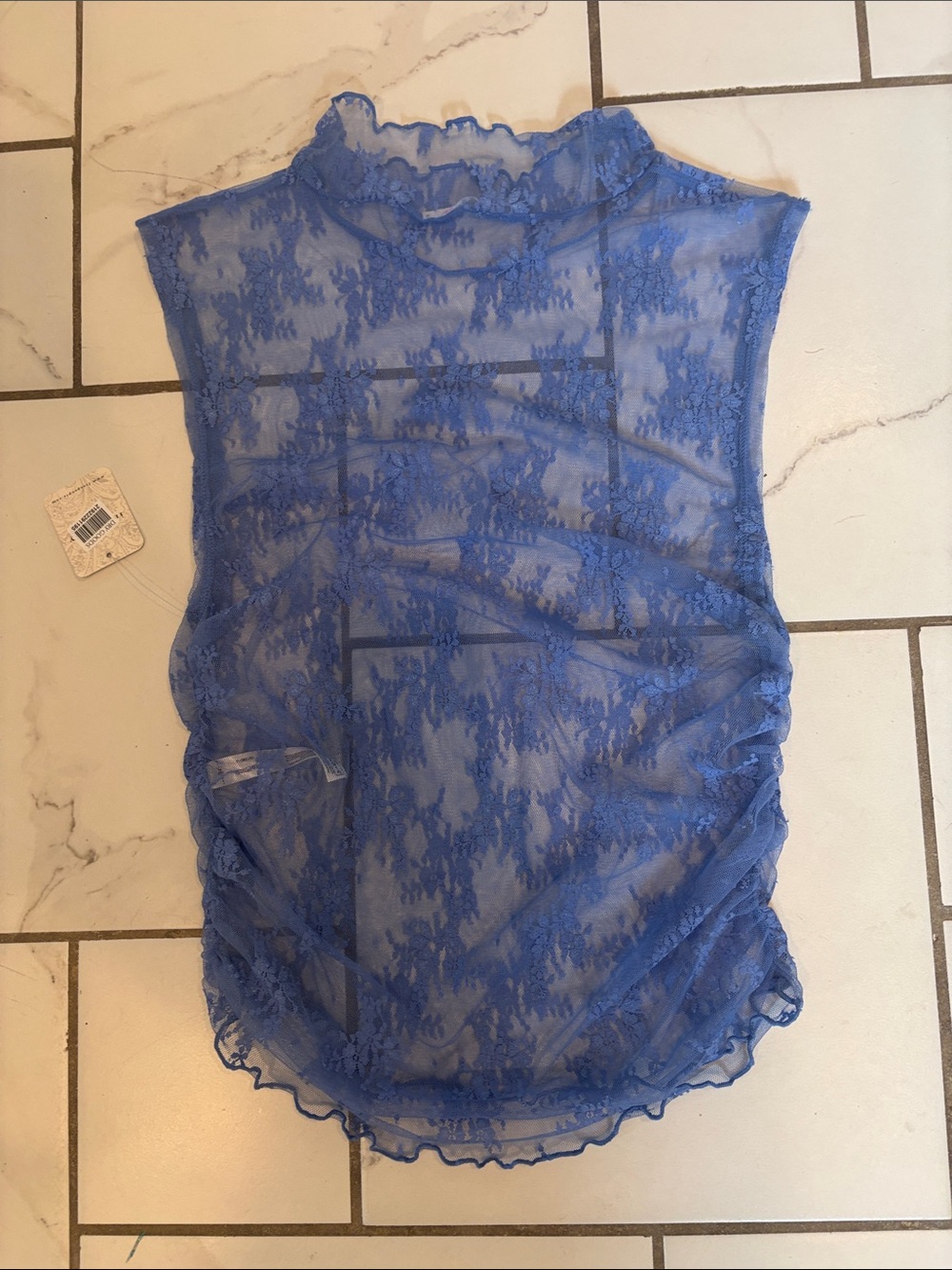Free People Nice Try Lace Sheer Mock Neck Tank Top - Cornflower Blue - NWT, M - Picture 2 of 8